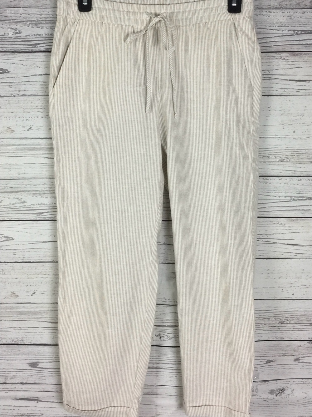 J.Crew Womens Tan White Pinstriped Cotton Linen Drawstring Cuffed Pants Size 10o